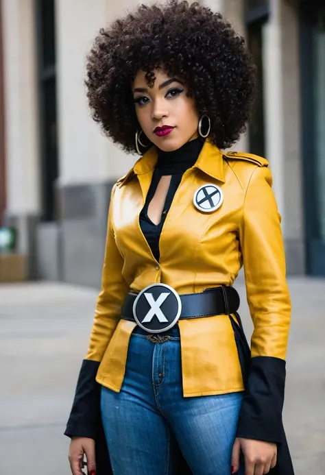 Black woman with afro curly hair. She is cosplaying as X-men. She wears a brooch with the letter x inside a circle. His belt buckle also has a letter X inside a circle.