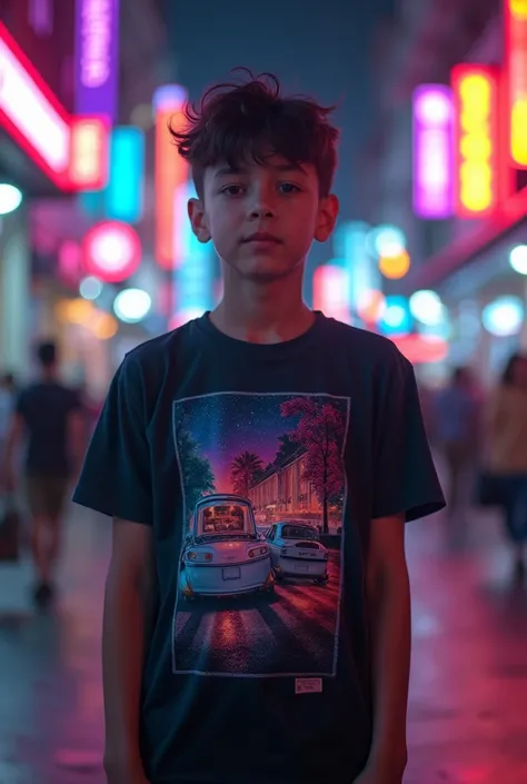 A boy wearing a t-shirt in an urban environment with vaporwave and synthwave style