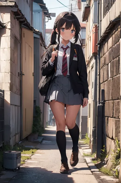 one girl in school uniform picking up a grey cat from the ground, alleyway, sunset, 30mm lens