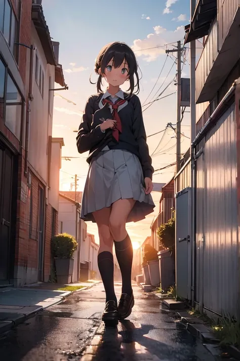 one girl in school uniform picking up a grey cat from the ground, alleyway, sunset, 30mm lens