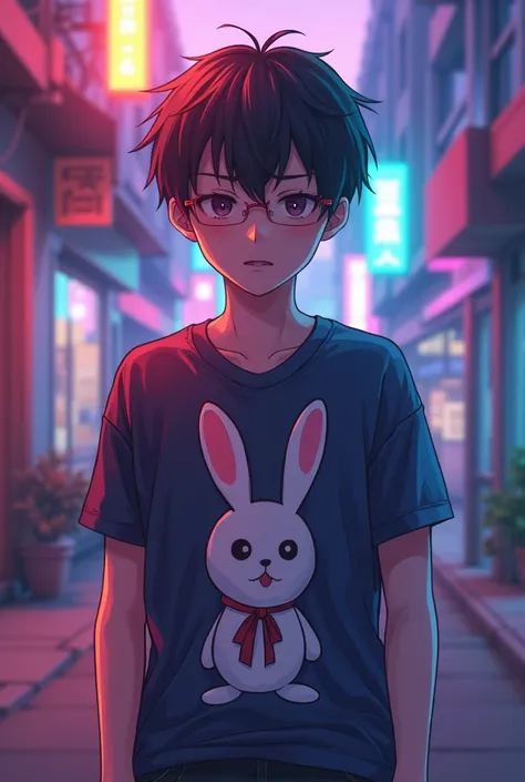 A boy wearing a t-shirt in an urban environment with vaporwave and anime style