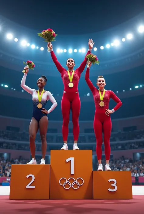 Rebeca Andrade on the podium with Simone Bales and Jordan Chiles