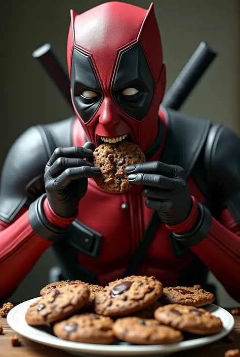 Deadpool eating cookies dripping down his mouth realistic 