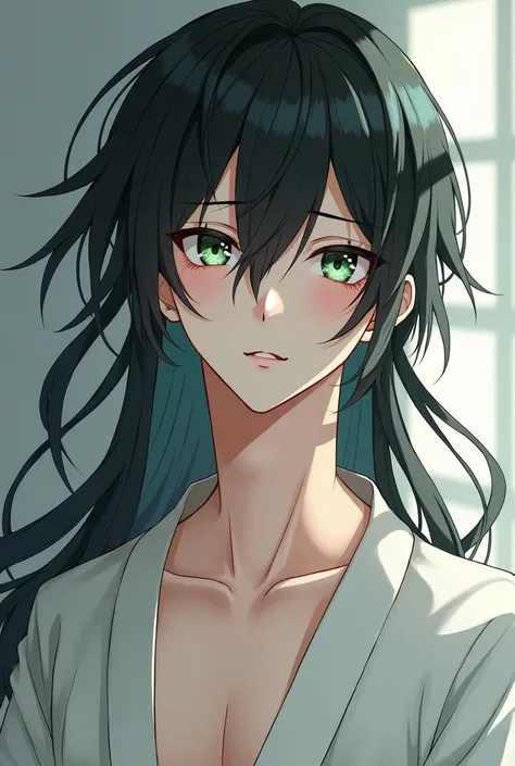 (absurdres, highres, ultra detailed, HDR), masterpiece, intricate, best quality, a male character, a pretty boy, black long hair green eyes, wearing a revealing white hanfu, eyes half closed sad, smile gently