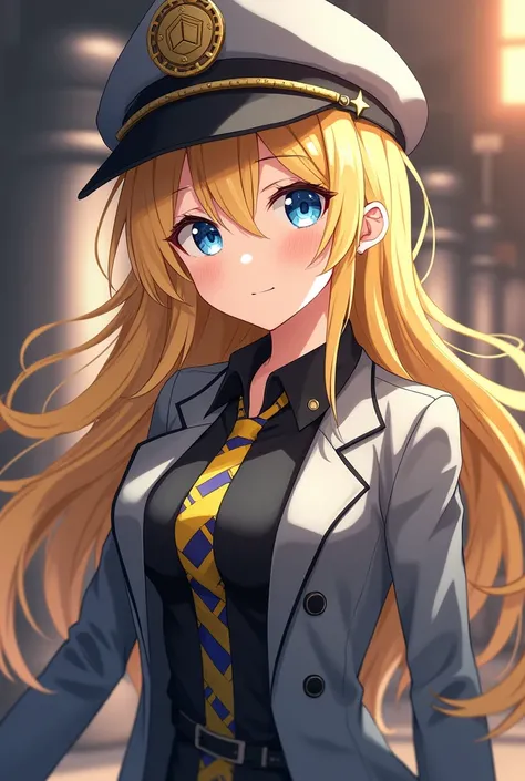 A beautiful girl with blonde hair, black and yellow shirt, with a gray hat with an insignia in the shape of a hexagon, gray suit with blue and white striped tie. In steampunk anime style