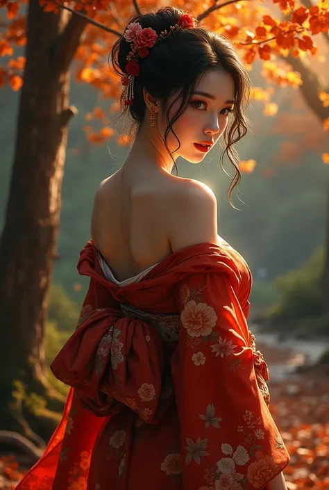 40 year old beautiful Japanese woman,thick bodied,big chested,big butt thick thighs,wearing a kimono,in the autumn forest,posing seductively at night.