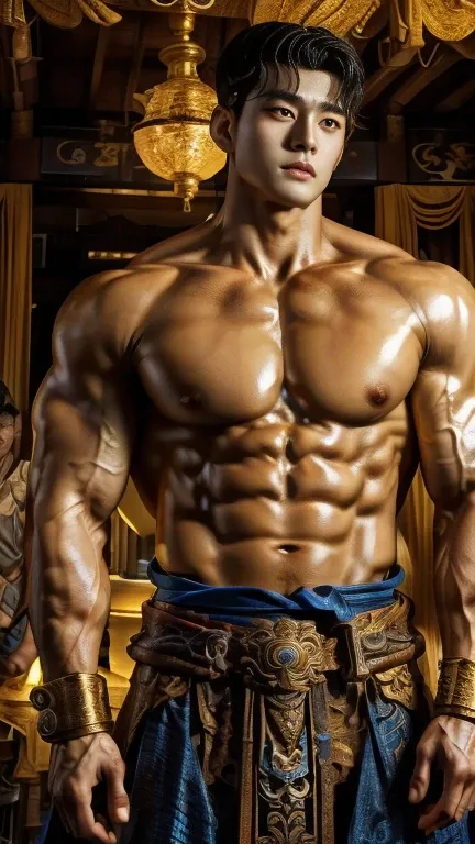 disconsolate，Ambient，artistic conception，large scene，The wind blew up the white curtains，Dattain lamps，Diffuse light，chest muscle，Shirtless, stubbles, Sideburns, musculature, Strong handsome korean  guy， a golden statue of handsome men god , multiple hands...