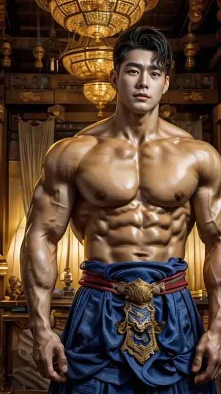 disconsolate，Ambient，artistic conception，large scene，The wind blew up the white curtains，Dattain lamps，Diffuse light，chest muscle，Shirtless, stubbles, Sideburns, musculature, Strong handsome korean  guy， a golden statue of handsome men god , multiple hands...