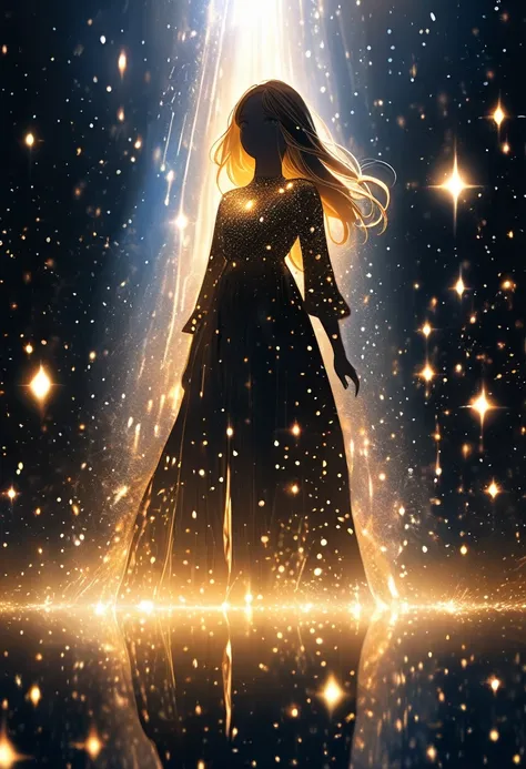 {worst quality, low quality},A girl stands in the dark, surrounded by light particles and shimmering gold sparks that form an ethereal glowing Raionn silhouette above her head. The atmosphere is mysterious with soft lighting creating a magical ambiance. Di...