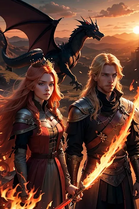 Redhead girl with crown and fire. A blond man with long hair and a sword., Behind them is a landscape of the palace at sunset.., and in the sky there flies a black dragon and a lot of magic