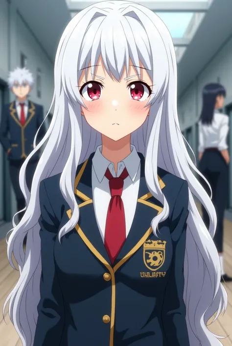 Screenshot from boku no hero academia of a teenage girl with white hair, wavy and long with crimson red slanted eyes serious expression, usq UA uniform background a modern hall with students, Whole body, long shot