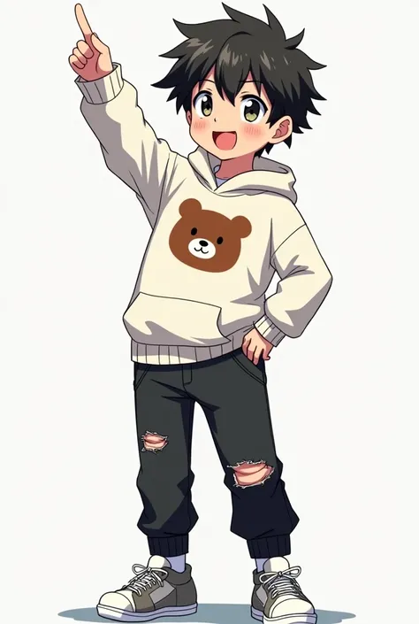 Anime style boy pointing up,with a white polar type sweater with a brown bear in the middle,Ripped black pants,gray tennis shoes with white,For coffee 