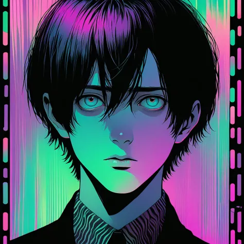 sad looking man, short emo hair, illustration art, 70s horror movie poster, junji ito inspired, high detail, realistic shadows, analog style, chromatic aberration, surrealism, complementary gradient, vhs style, nightmare, 8mm film