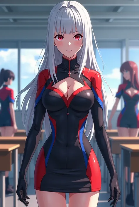 Screenshot from boku no hero academia of a teenage girl with white hair, straight and long with crimson red eyes serious expression, He wears a hero costume, a low-cut black shirt with red and blue details, Black heels and a mini skirt on her suit in the b...