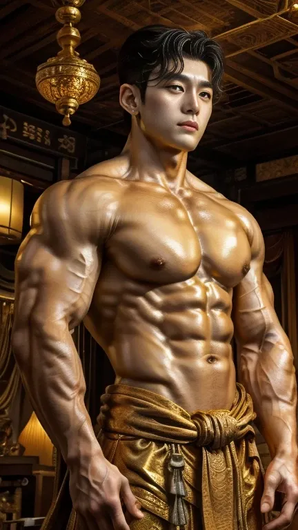 disconsolate，Ambient，artistic conception，large scene，The wind blew up the white curtains，Dattain lamps，Diffuse light，chest muscle，Shirtless, stubbles, Sideburns, musculature, Strong handsome korean  guy， a golden statue of handsome men god , multiple hands...