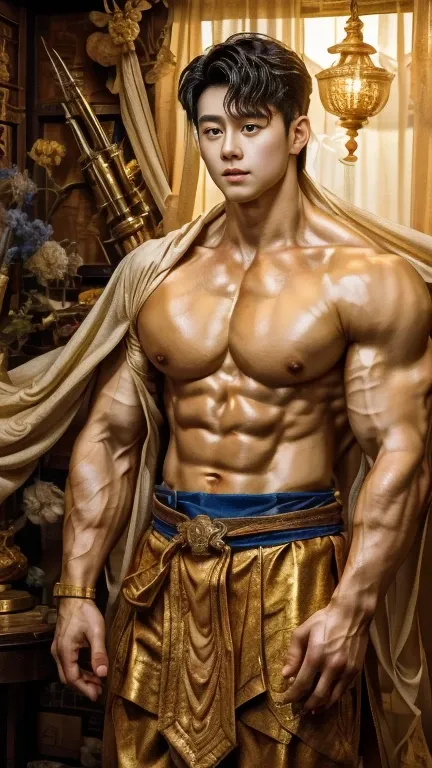 disconsolate，Ambient，artistic conception，large scene，The wind blew up the white curtains，Dattain lamps，Diffuse light，chest muscle，Shirtless, stubbles, Sideburns, musculature, Strong handsome korean  guy， a golden statue of handsome men god , multiple hands...