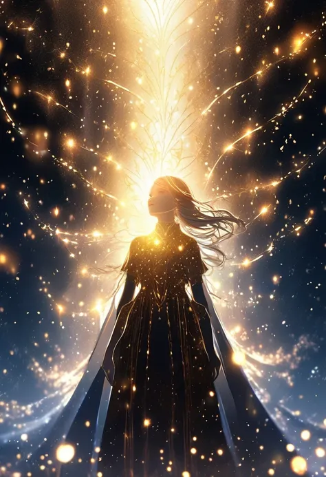 {worst quality, low quality}, surrounded by light particles and shimmering gold sparks that form an ethereal glowing ((Raionn silhouette)) above her head. The atmosphere is mysterious with soft lighting creating a magical ambiance. Digital illustration, Be...