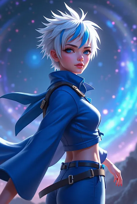 Free Fire character with white and blue dyed hair, dressed in blue in a galaxy