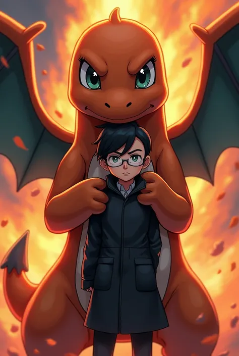 a detailed artwork of Pokémon Charmander and boy wearing a black overcoat and glass transparanent on his face with a serious expression, Pokémon, 4k, 8k, Full HD, corpo inteiro, Pokémon art style, estilo de desenho hiper-realista, arte de anime limpa e det...