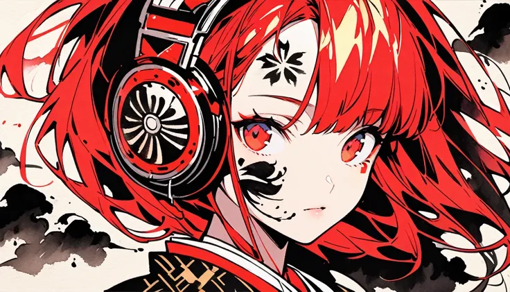 (((Ink Painting))), ((Japanese style headphones)), (((Japanese pattern tattoo on face))), Face close-up, gorgeous hair accessory, red eyes, red hair, Japanese, Bright colors