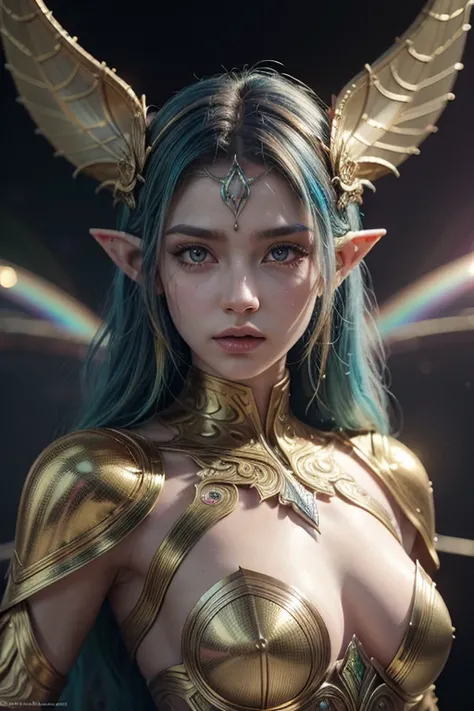 beautiful rainbow nebula filigree crystal elf alien, octane rendered, vibrant colors, soft lighting, tone mapped, golden ratio, masterpiece, ultra detailed, hyper realistic, sharp focus