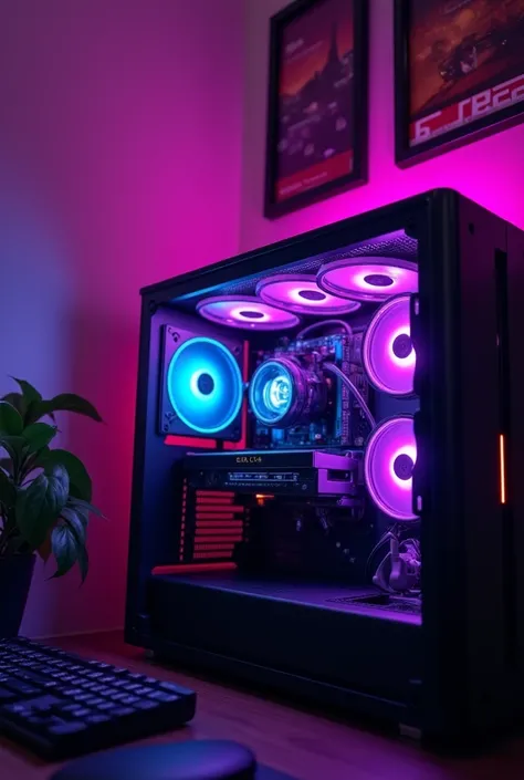 gaming computer with purple led, in the luxury room





