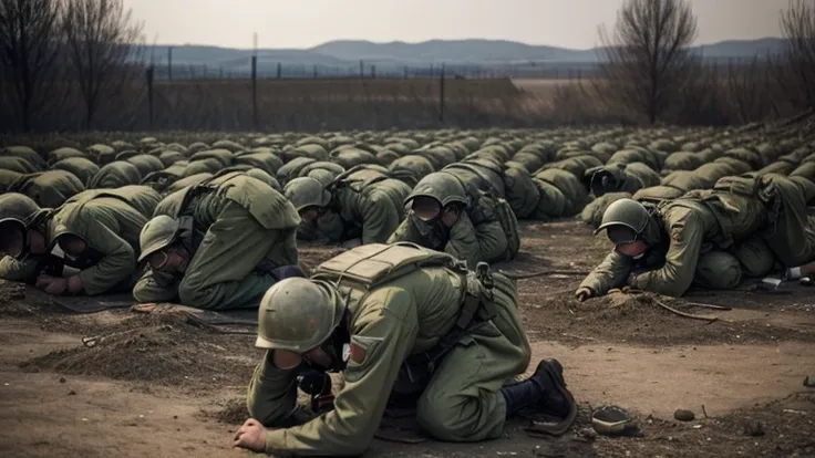 A World War I scene showing soldiers affected by mustard gas, capturing the aftermath without being overly graphic. The soldiers, wearing worn uniforms and gas masks, have visible but subtle burns and irritation on their exposed skin, particularly on their...