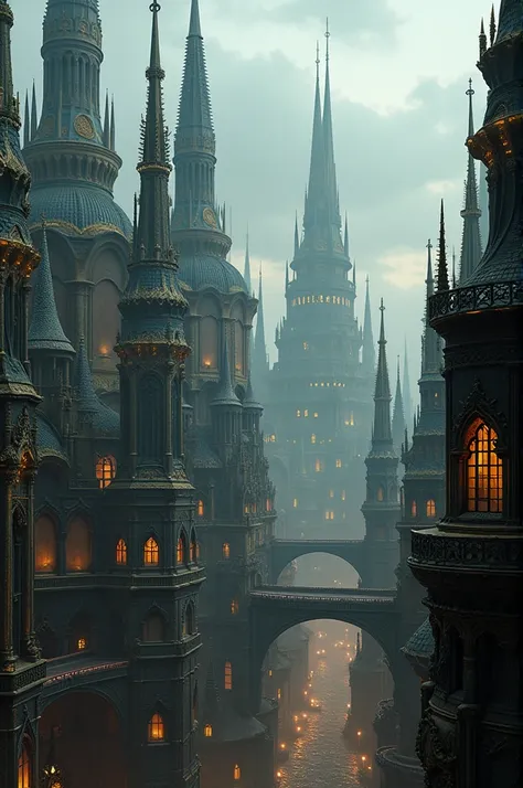 Photograph of future scifi city gothic architecture, with romanian architectural influences, gilded intricate decorations, very realistic photograph