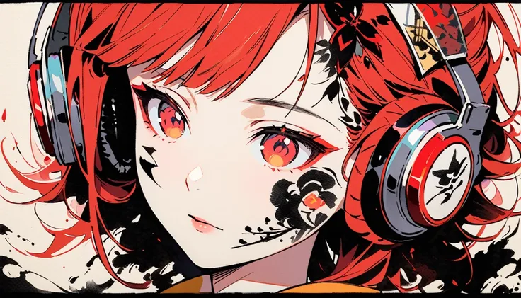 (((Ink Painting))), ((Japanese style headphones)), (((Japanese pattern tattoo on face))), Face close-up, gorgeous hair accessory, short red hair, red eyes, Japanese, Bright colors