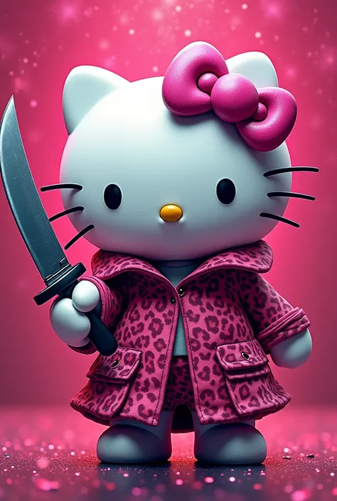 Create a poster promoting melee weapons, with pink animal print design, pink glitter and hello kitty with a knife in her hand and the phrase "Weapons that speak with authority" in Spanish