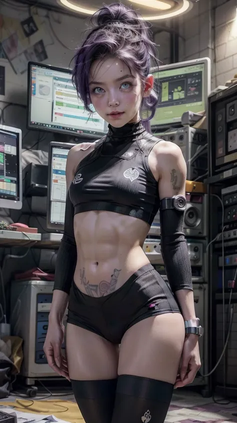 A hot cute young woman dressed in sexy cyberpunk clothes, facing camera, a little smile, standing in front of a wall of computers, intricate designs, Smokey room, Celtic tribal tattoos, ((purple eyes, flat chested, toned abs, baby face)), (intense colors),...