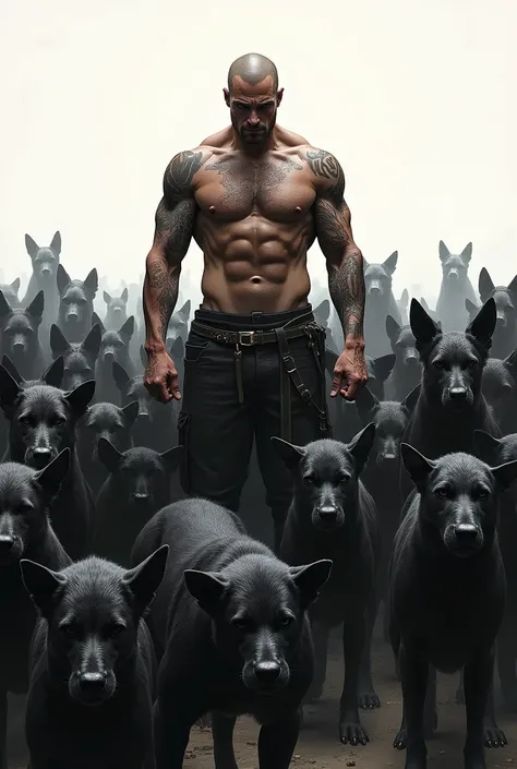 best quality,masterpiece,Ultra-high resolution,1 person,looking at the audience,one,Yamamoto Takashi style,Countless black evil black dog beasts surrounded him，
simple background,White_background,Machinery Division，Exoskeleton，Cold-blooded adult man，toughb...