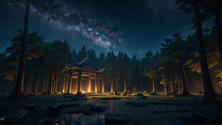 a spectacular night, Moonlit Ethereal Forest, glowing fireflies, mystical atmosphere, vibrant stars in the sky, serene lagoon reflecting the night sky, ancient temple in ruins, twisted and gnarled trees, dramatic lighting, dramatic shadows, film compositio...