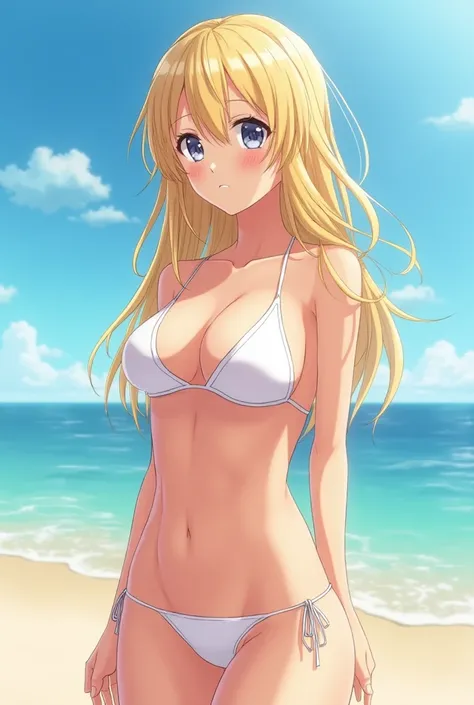 Anime girl with blonde hair in a wet white bikini in the beach