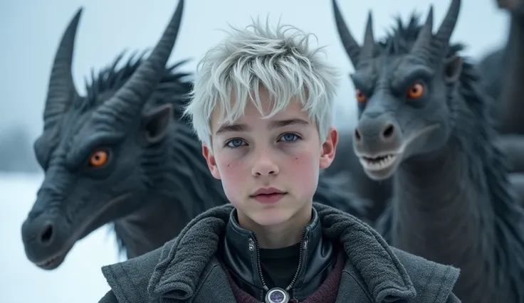 A targaryen teenager boy with 17 years with silver short hair and purple eyes, Winterfell scenary, three wyverns