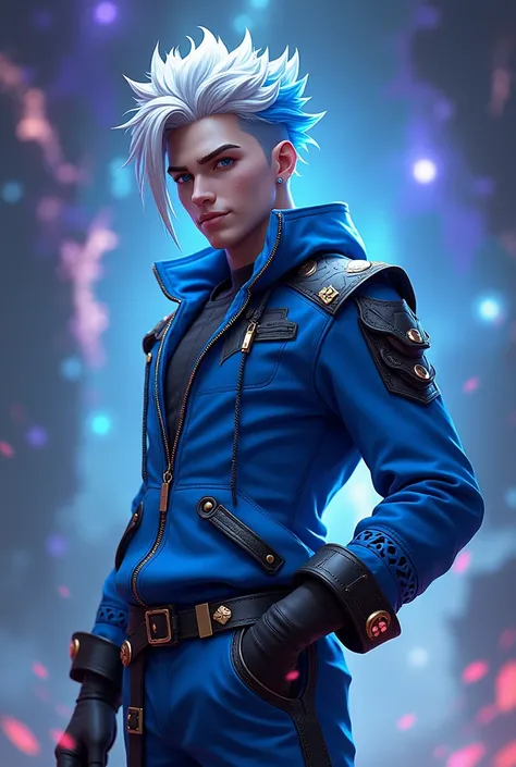 Free Fire male character with white and blue dyed hair, dressed in blue with black in a galaxy