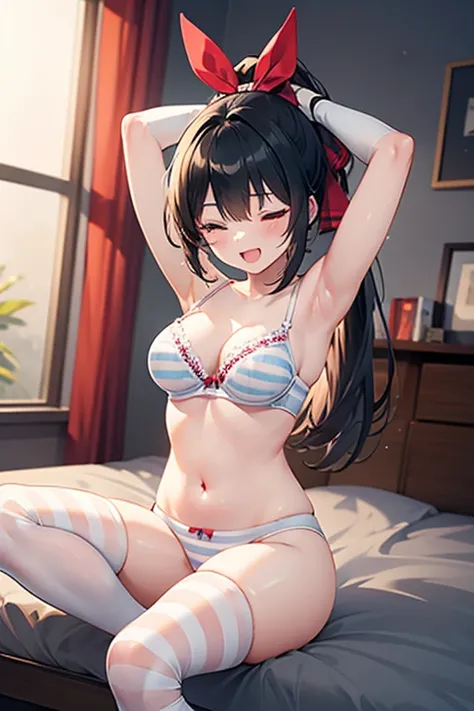 best quality, masterpiece, 1girl, solo, long hair,((black hair)),Blake, ribbon, ((hair ribbon)), ((ponytail)),breasts, medium breasts,red eyes, ribbon,navel, sitting, open legs,bra, underwear only, lingerie,((white striped panties)),((white bra)) ,arms up,...