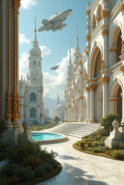 Photograph of future scifi city gothic architecture, with romanian architectural influences, gilded intricate decorations, very realistic photograph, white marble walls, shiny golden decorations, gardens, lots of big fountains, statues, spaceships