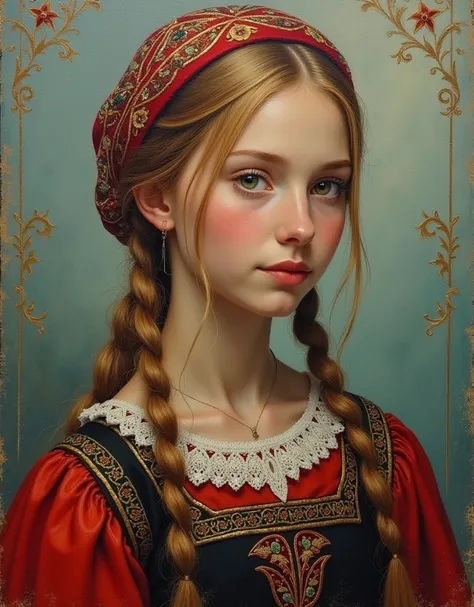 1 Russian girl, in Russian clothes, Russian Epic Folklore ,Russian nature, ((Style of Ivan-Bilibin)), aesthetics, Palette knife-oil painting, ((Best Quality, tmasterpiece)), (Extreme Detail), impressionism:0,1, 8k