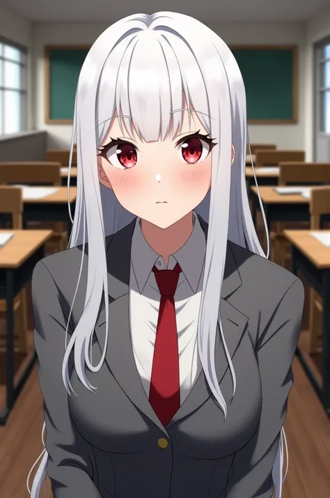 Screenshot of boku no hero academia beautiful girl fair skin, light white hair, straight and long crimson red eyes slanted long eyelashes and black eyeliner, attractive, I would be, wears a uniform with a red tie and a grey jacket, classroom background