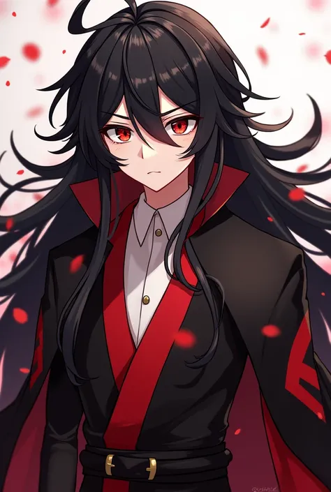 black hair, Long hair, Black-red eyes, Black and red robe, gorgeous, indifferent, man, red streaked hair, ahoge, hair over shoulder, very long hair, asymmetrical bangs, hair spread out, crazy eyes, devil eyes, expressionless, robe, character chart, tachi-e...