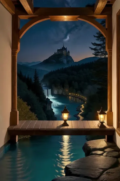 presents a serene and magical nighttime scene, viewed from the perspective of a covered terrace or veranda. The setting is bathed in soft twilight hues under a star-studded sky, with distant mountains creating a majestic backdrop. A grand castle, perched o...