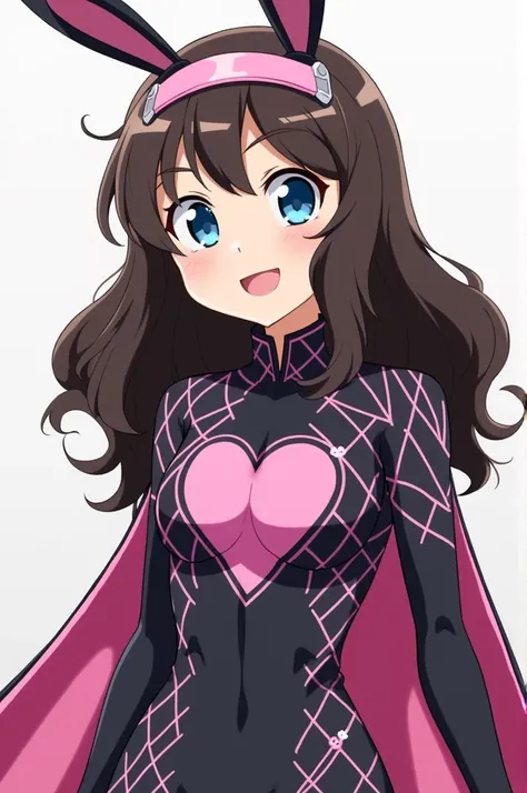 Screenshot Boku no hero of a teenage girl with long wavy dark brown hair and a white lock smiling with big blue eyes and the other brown with wearing a hero suit of a body-hugging black suit with patterns of pink squares and white lines with a heart-shaped...