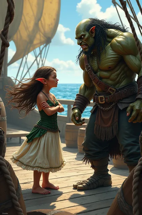 Halfling Lirae in white skirt, green corset, brown hair stands defiantly with her arms crossed, confronting Zorrath the tiefling, who is grimacing as he looks at her with disdain. On a pirate ship