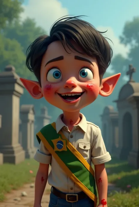 create an image of a blue-eyed Brazilian boy, Hitler&#39;s style hair, laughing demonically, with blood on the hands, with a Brazilian presidential sash, in the background a cemetery. the image must be in the disney pixar cartoon style. highlight the cemet...