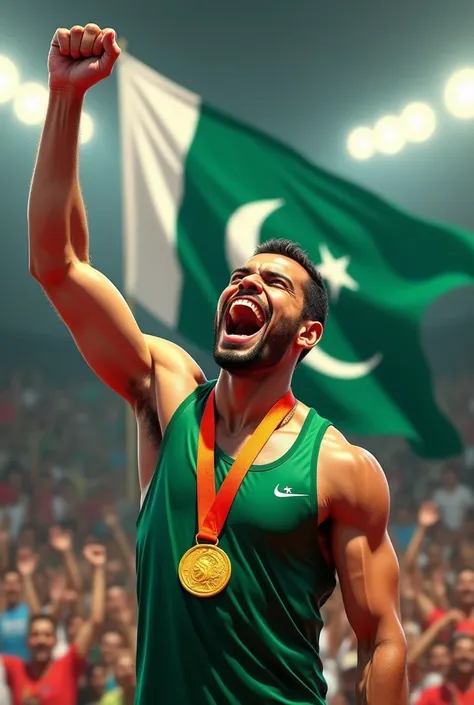 “Create an image celebrating Arshad Nadeem, a Pakistani javelin thrower, holding a gold medal with the Pakistan flag in the background. The scene should be filled with a sense of national pride and achievement, capturing the moment of victory with a joyful...