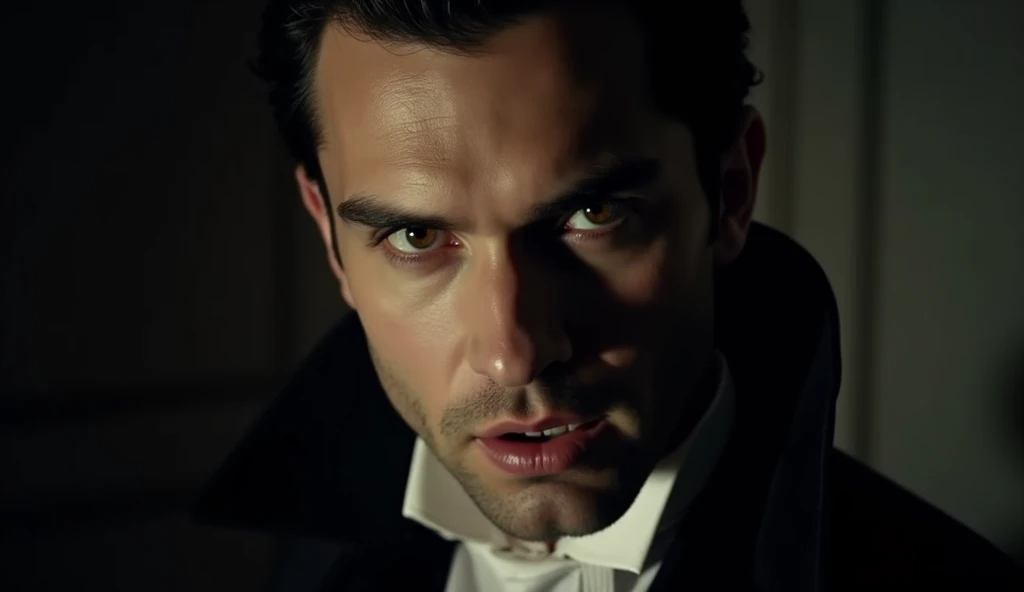 a sexy male vampire looking at the camera, with mouth open showing fangs  