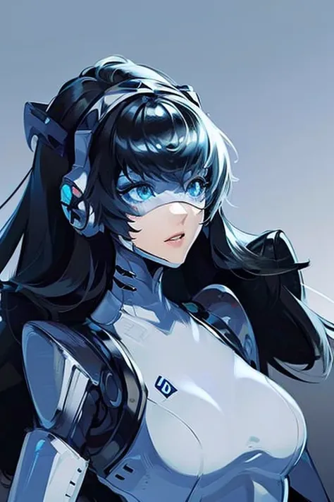 empty eyes,robotized woman ,big bust,robot joint ,metal skin,black suit,long hair,a suit that covers the whole body,aegis(person...