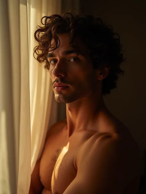 A handsome 30-year-old man with curly hair and brown eyes, sexy pose, sensual gay man, near a window sunlight, he is showing his beautiful anus, 8k, high quality, intricate details, cinematic composition, glowing skin, dramatic atmosphere, moody lighting, ...