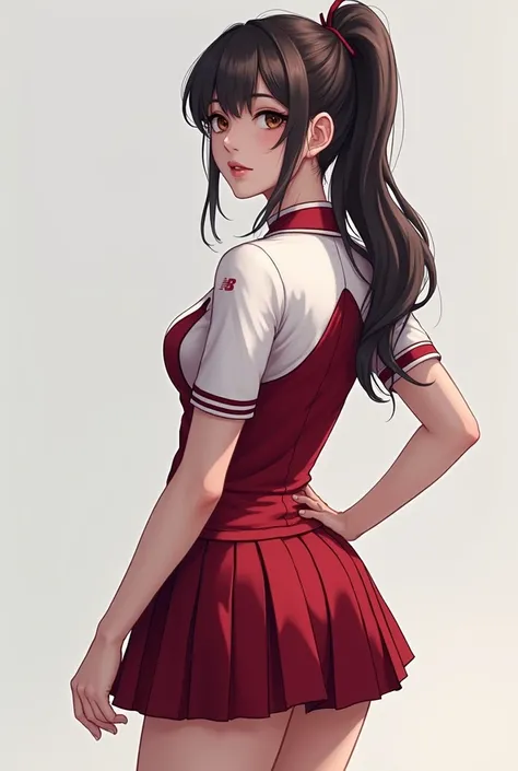 Stunningly designed school olympics uniform with maroon and white colors for women with short skirt
